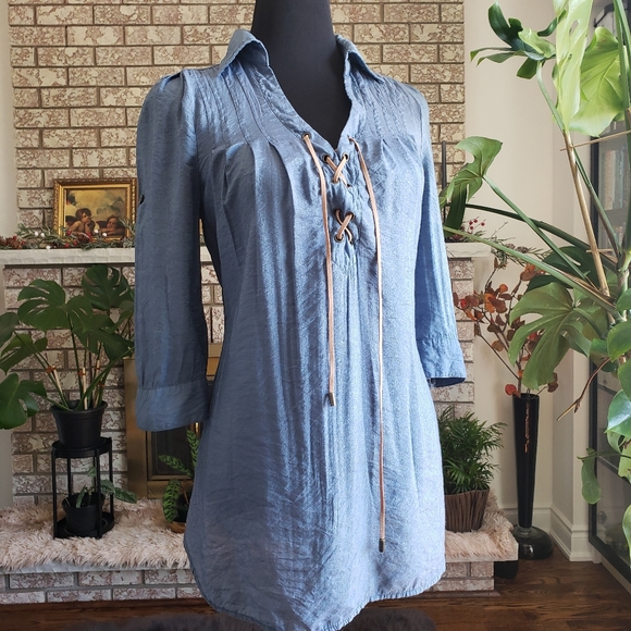 Western Look Long Tunic Top Jean Look With Sheen Loose Half Lace Fit Shirt S / M - Picture 1 of 10